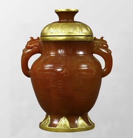 Chinese Inlaying Gold Edge Red Agate Double Ears Pot