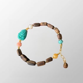 Beautiful Turquoise Fox & Chenxiang Wood & Beeswax Beads Bracelet