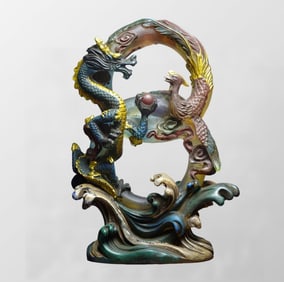 Vintage Colored Drawing Peking Glass Carved Dragon & Phoenix Statue