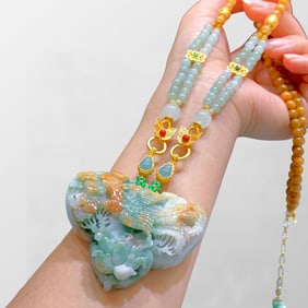 Beautiful Natural Jadeite Carved Phoenix & Peony Pendant