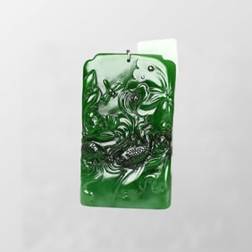Superb Chinese Green Hetian Jade Carved Carp & Lotus Leaf & Lotus Flower Pendant
