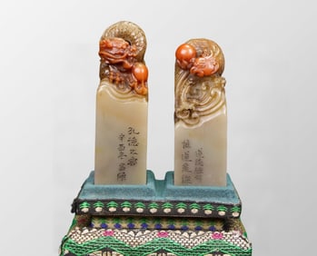 A Pair Vintage Chinese Shoushan Stone Carved Fortune Dragon Seal Statue