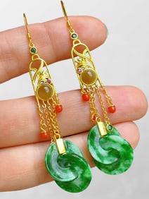 A Pair Beautiful Gilt Gold 925 Silver Inaly Jadeite Earring
