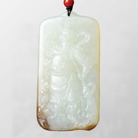 Chinese Natural Hetian Jade Low Relief General Guangong Pendant
