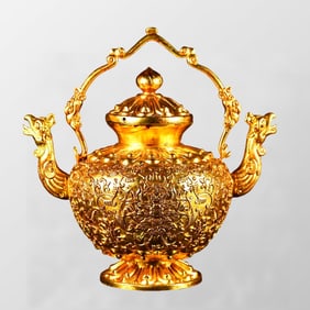 Old Chinese Gilt Gold Copper Dragon Phoenix Handle Pot