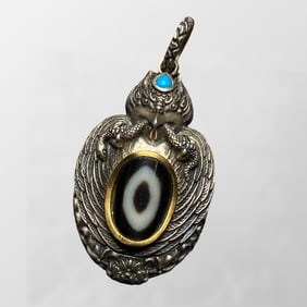 Vintage Tibetan 925 Silver Inlay DZI Agate Divine Bird Suparna Pendant