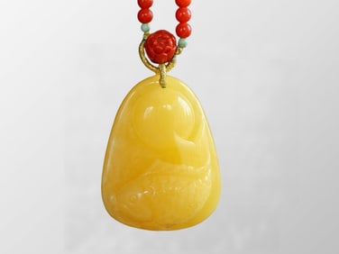 Beautiful Beeswax Hand Carved Carp Pendant w Nanhong Agate Beads Necklace