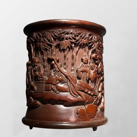 Vintage Chinese Bamboo Low Relief Seven Sages Of The Bamboo Grove Design Brush Pot