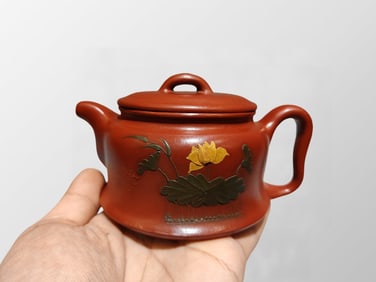 Chinese Yixing Zisha Clay Lotus Leaf & Lotus Flower Design Teapot w Artist Signed