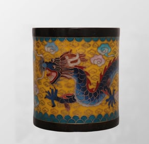 Vintage Chinese Copper Cloisonne Fortune Dragon Design Brush Pot