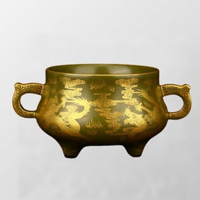 Chinese Gilt Gold Tea Dust Glaze Fortune Dragon Design Double Ears Porcelain Incense Burner