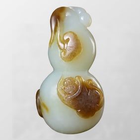 Chinese Natural Hetian Jade Carved Gourd & Monkey Pendant