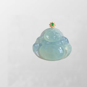 Beautiful 18K Gold Inlay Jadeite Laughing Buddha Pendant