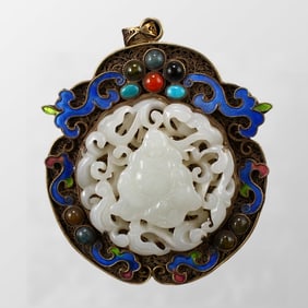 Openwork Old Pure Silver Wires Enamel Inlay Gem & White Hetian Jade Laughing Buddha Pendant
