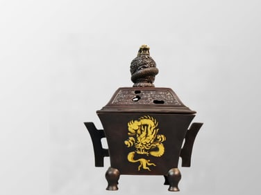 Vintage Chinese Gilt Gold Copper Fortune Dragon Incense Burner
