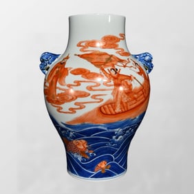 Chinese Iron Red Glaze + Blue And White Porcelain Figure Design Vase