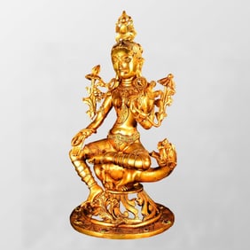 Vintage Chinese Gilt Gold Copper Kwan-yin Statue