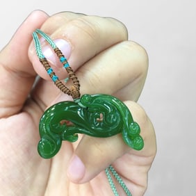 Chinese Natural Green Hetian Jade Carved Chi Dragon Pendant