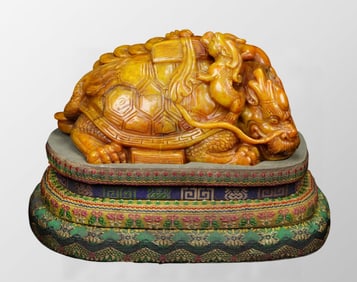Vintage Chinese Shoushan Tianhuang Stone Carved Dragon Turtle Statue