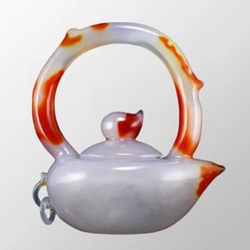 Natural White & Red Agate Peach Handle Teapot w Certificate