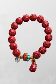 Vintage Chinese Cinnabar Carved Fortune Pixiu Beads Bracelet
