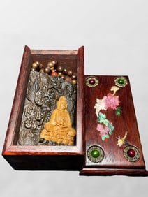 Vintage Chinese Chenxiang Wood Kwan-yin & Dragon Pendant w Huali Wood Inlay Gem Box