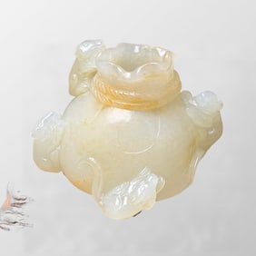 Chinese Natural Hetian Jade Carved Fortune Mouse & Money Bag Statue