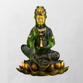 Old Chinese Gilt Gold Green Peking Glass Kwan-yin Statue