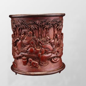 Vintage Bamboo Low Relief Sages Meeting Brush Pot