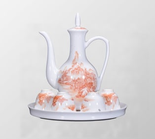 A Set Chinese Iron Red Glaze Live In Remote Mountains Design Porcelain Wine Pot w Cups