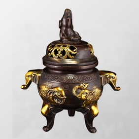 Vintage Gilt Gold Copper Elephant Double Ears 3 Legs Incense Burner