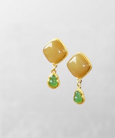 A Pair Beautiful Gilt Gold 925 Silver Inaly Hetian Jade Earring
