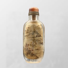 Old Chinese Crystal Inside Painting Mountain River Scene Design Snuff Bottle w Stopper
