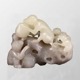Chinese Hetin Jade Carved Monkey & Peach Statue