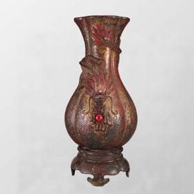 Vintage Gilt Gold Copper Inlay Gem Low Relief Fortune Dragon Design Vase w Base