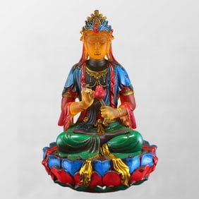 Old Hand Drawn Gilt Gold Peking Glass Lotus Flower Kwan-yin Statue