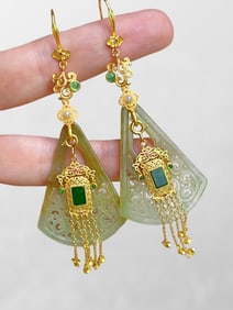 A Pair Beautiful Gilt Gold 925 Silver Inaly Jadeite Earring