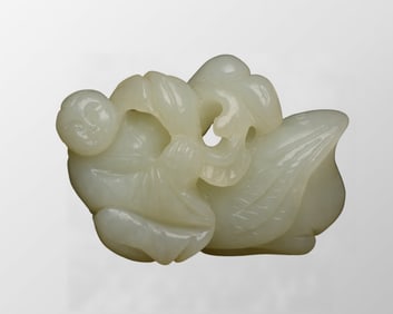 Chinese Natural Hetian Jade Carved Swan & Kid Pendant