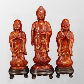 A Set Three Gilt Gold Shoushan Stone Kwan-yin & Arhat Statues
