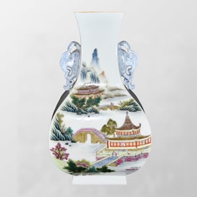 Chinese Qing Dynasty Gilt Edge Famille Rose Mountain River Scene Design Porcelain Vase