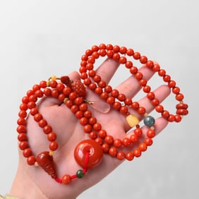 Beautiful Nanhong Agate Lucky Pendant w Beads Necklace