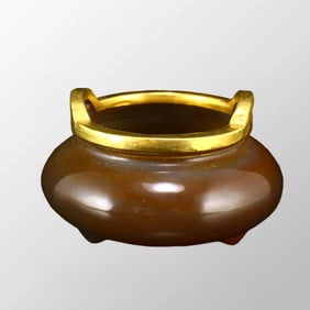 Old Gilt Gold Agate Double Ears 3 Legs Incense Burner
