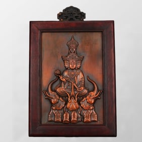 Vintage Wood Inlay Copper High Relief Buddha & Elephant Tangka