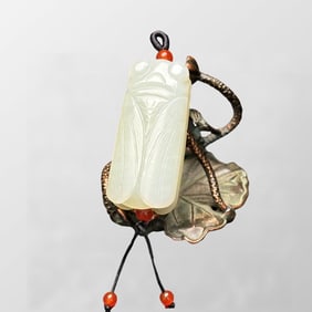 Chinese Natural Hetian Jade Carved Fortune Cicada Pendant