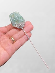 Vintage Chinese Pure Silver Inlay Jadeite Hairpin
