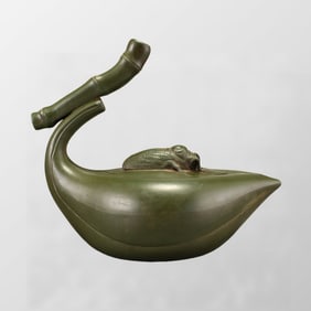 Old Chinese Green Yixing Zisha Clay Bamboo & Cicada Teapot w Artist Signed