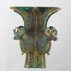 Vintage Chinese Bronze High Relief Sheep Heads Vase