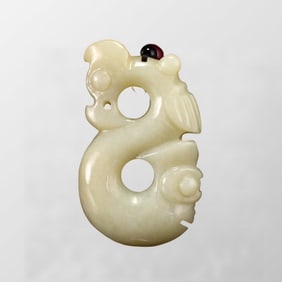 Chinese Hetian Jade Carved Cicada & Dragon Pendant
