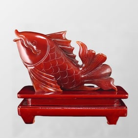 Beautiful Red Agate Fish Statue w Certificate