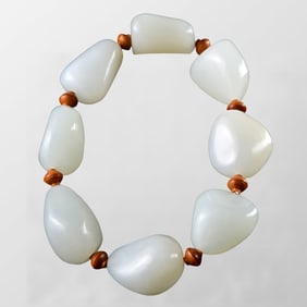 Chinese Hetian Jade Original Stone Beads Bracelet w Certificate
